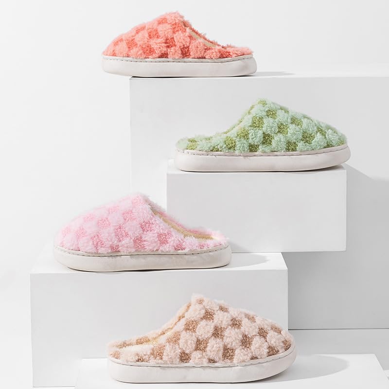 Cute Kawaii Multi Colored Checkered Plush Fuzzy Soft Warm Fluffy House Slippers for Women Anti-Slip Rubber Sole Slides3