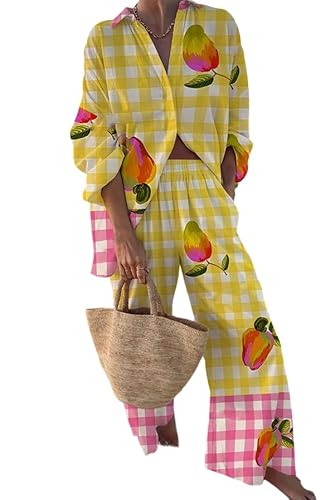 Epanus Yellow Pink Gingham & Fruit Print Oversized Two-Piece Set
