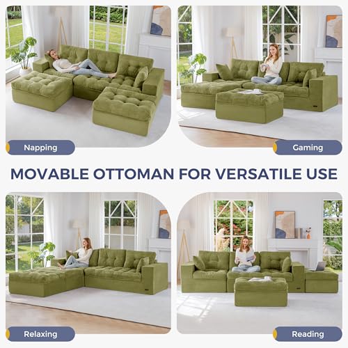 Image of MAXYOYO 104 inch U Shaped Modular Sectional Sofa with 2 Ottomans, Cloud Boneless Couch with Layered Cushion, Flexible Module Combination Sofa for Living Room, No Assembly Required, Green