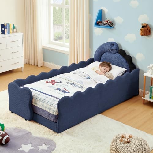 DaylayLumen Twin Size Kids Daybed with Dinosaur-Shaped Headboard Upholstered Boucle Fabric Bed with Safety Guardraild Cute Kids Daybed for Girls Boys Navy