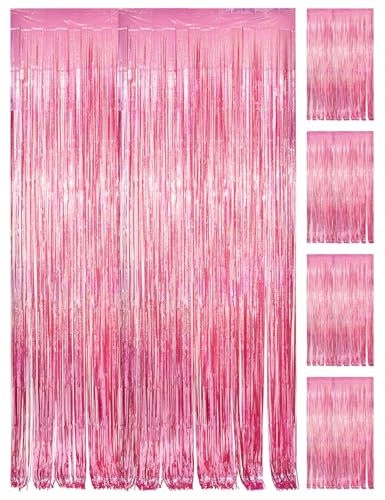 PVEGOS 4PCs 3.3 x 8.3 ft Laser Pink Glitter Tinsel Curtains Foil Curtain Backdrop.Laser Luminescent Particles Foil Fun Fringe Streamers for Party Birthday Decoration Engagement School Events