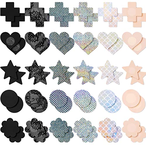 Vicenpal 30 Pairs Nipple Pasties Nipple Covers Breast Pasties Stickers For Women Disposable Invisible With Lace Black Self Multi Design Various Breast, About 6-8 Cm/ 2.36 X 3.15 Inches #TOP26