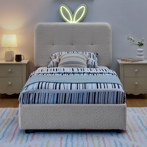 Image of Twin Led Bed Frame with 4 Storage Drawer, Upholstered Platform Floor Bed with Rabbit Ear Headboard Daybed Strong Wooden Slats No Box Spring Needed for Kids Girls Boys, Beige