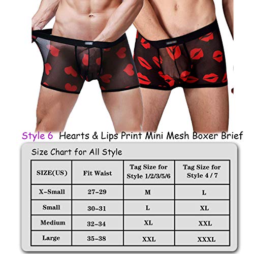 Men's Sexy Mesh Boxer Briefs Hot Lip Transparent Lingerie Red Heart Print Mesh Transparent Bulge Pouch Underpants(43Black2pcs,M)