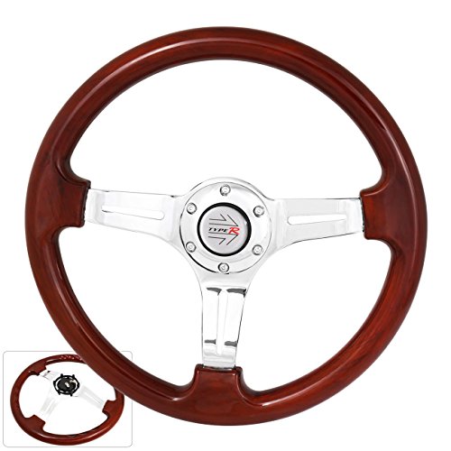 AJP Distributors Universal 350mm 6 Bolt Hole Heavy Duty Light Weight Steering Wheel Wood Trim Chrome Center Streak Design Type R Button Horn