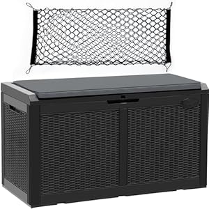 YITAHOME 100 Gallon Large Resin Deck Box w/Cushion, Outdoor Storage Boxes w/Storage Net, Waterproof Storage Bench for Patio Furniture, Outdoor Cushions, Garden Tools&Pool Supplies - Lockable, Black YITAHOME 100 Gallon Large Resin Deck Box wCushion Outdoor Storage Boxes wStorage Net Waterproof Storage Bench for Patio Furniture Outdoor Cushions Garden ToolsPool Supplies Lockable Black