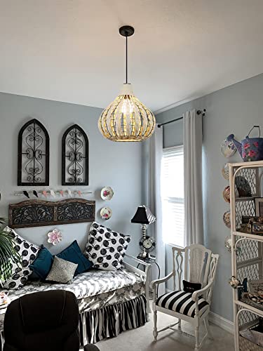 Wicker Pendant Light Beige Rattan Light Fixture Woven Pendant Light Basket Lamp Shade Light Fixtures Ceiling Light Hanging for Kitchen Island Patio Hallway Dining Room Bedroom(Led Bulb Incl.) - Image 5