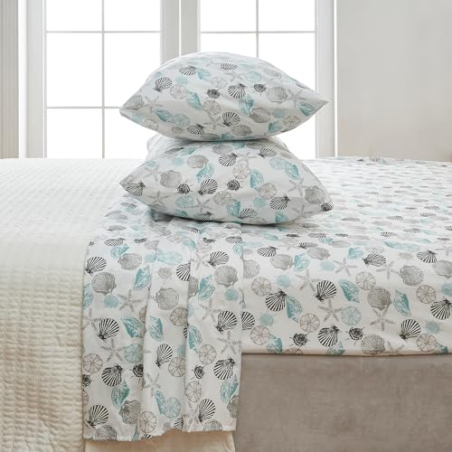 Image of Great Bay Home Queen Coastal Microfiber Sheet Set - 4-Piece Nautical-Printed, Ultra-Soft Sheets - Beach-Themed Bedding Sheets & Pillowcases (Seashell)