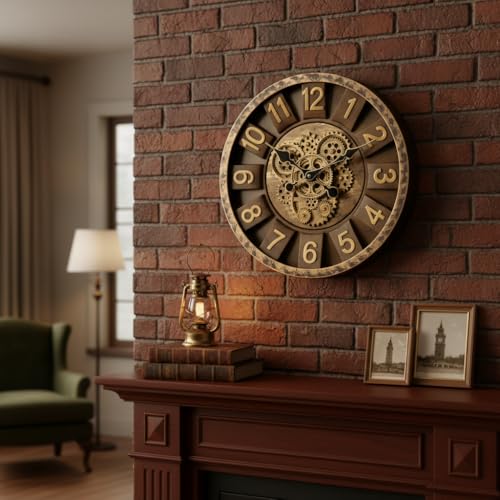 Image of STAR WORK Vintage Gear Wall Clock Industrial Rustic Farmhouse Classic Style Mechanical Charm Perfect for Living Room Bedroom Office or Entryway Decor (Brown -16 INCH)