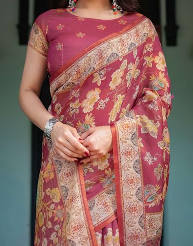 Image of SIRIL Women's Cotton Linen Printed Handloom Saree with Unstitched Blouse Piece