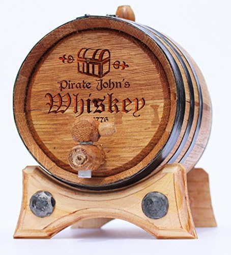 2-Liter Custom Engraved Pirate Golden Oak Barrel - Black Steel Hoops | 30 page Aging Guide | Paper Funnel | No Leaks Guarantee