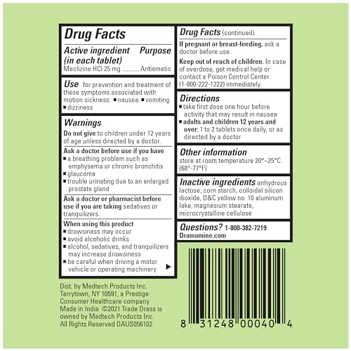 Image of Dramamine Nausea Relief, with Meclizine HCl for Long-Lasting Relief of Nausea, Vomiting & Dizziness, 20 Tablets