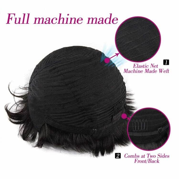 Waveme Short Cut Human Hair with Bangs Pixie Wigs for Black Women Human Hair Glueless Straight Brazilian Hair Wigs (Black 1B)