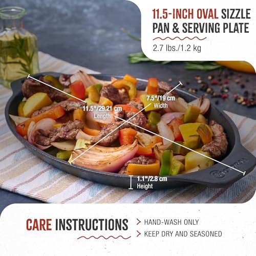 Image of Victoria 11.5-Inch Oval Cast Iron Sizzle Pan, Preseasoned Grill and Baking Pan for Fajitas and Steaks, Made in Colombia