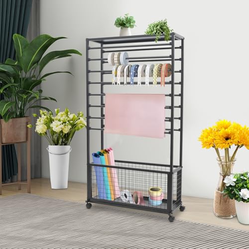Image of CNCEST Double-Sided 16-Layer Ribbon Holder Organizer Rack,Free Standing Mobile Ribbon Holder,Metal Ribbon Stand Organizer Ribbon Storage Shelf for Craft Room,Wrapping Paper (Black,31.5x12.6x59.06in)