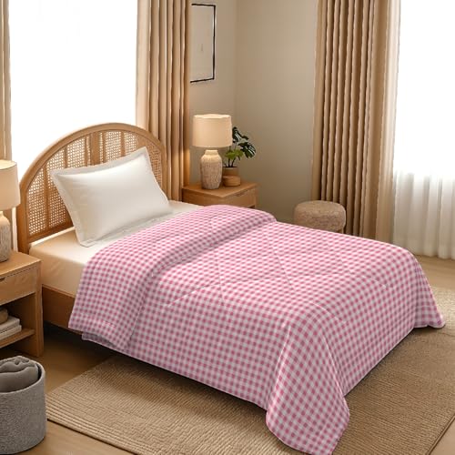 Image of MORADO Glace Cotton AC Comforter /Blanket /Quilt for Single Bed | Soft & Breathable Lightweight AC Quilt | Reversible All Season Bedding Comforter |Size 60x90 Inches,White Pink Check,Single