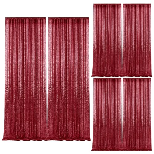 2×8FT-6PCS Burgundy Sequin Backdrop Curtains Panels, Photography Backdrop Glitter Curtains Fabric Background for Christmas Wedding Party Decor