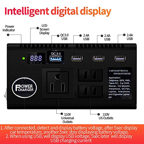 Car Power Inverter 120W 12V 24V Dc To 110V Ac 4 Usb Ports Car Charger Adapter With 3 Ac Outlets Dual Cigarette Lighter Charger + Digital Led Display For Phones Tablets Pc Laptops (120W) #TOP1