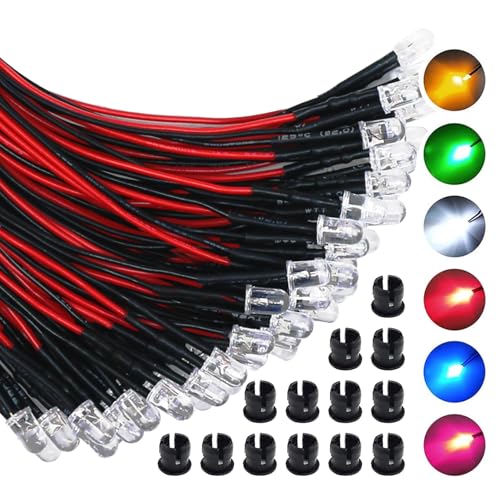 tinoysian 60PCS Pre Wired 12V 5mm LED Diode Lights Kit with Holders (6 Colors x 10pcs) - No Soldering Needed, Low Power Micro LEDs for Model Crafts, RC Cars, Aircraft, DIY Projects