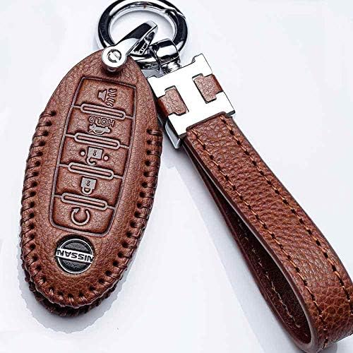 Hey Kaulor genuine leather 5 Buttons Smart Key Fob Keyless Entry Case Cover Remote Holder Jacket Protector suit for Nissan Rogue Maxima Altima Sedan Pathfinder