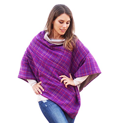 BRANDELIA Omkeerbare poncho voor herfst en winter, voor dames, modieus accessoire, gemaakt in Spanje, paars/beige vierkanten (omkeerbaar), One Size