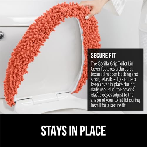 Image of Gorilla Grip Soft Chenille Bathroom Toilet Lid Cover, Machine Washable Seat Covers, 19.5x18.5, Stays in Place Rubber Backing, Fits Most Round, Elongated and Oblong Lids, Accessories Decor, Coral