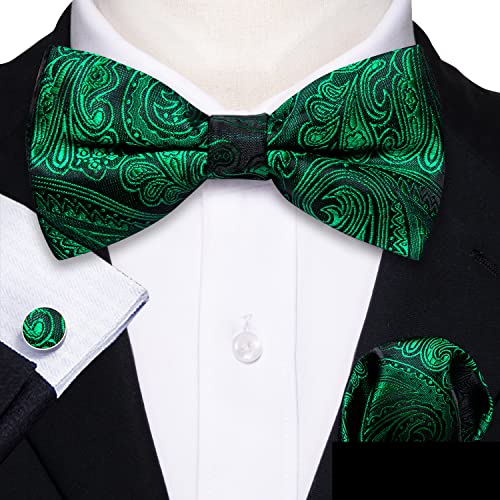 Image of Barry.Wang Paisley Striped Bow Tie for Men Silk Pre-Tied Bowtie Pocket Square Cufflinks Set Formal Wedding Party Prom