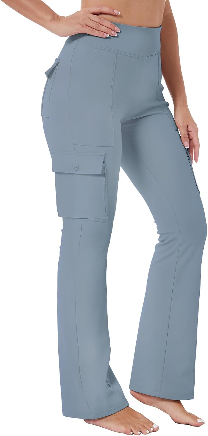 Yoga Flare Leggings for Women High Waisted Yoga Casual Pants Workout Leggings Cargo with 6 Pockets Bootcut Yoga Pants Blue X-Large
