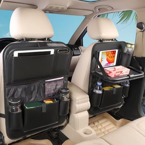 2PACK Leather Car Backseat Organizer with Tablet Holder - 9 Large Storage Pockets, Foldable Food Tray & Anti-Scratch Kick Mats - Universal Car Seat Protector for Kids, Pets & Travel Accessories