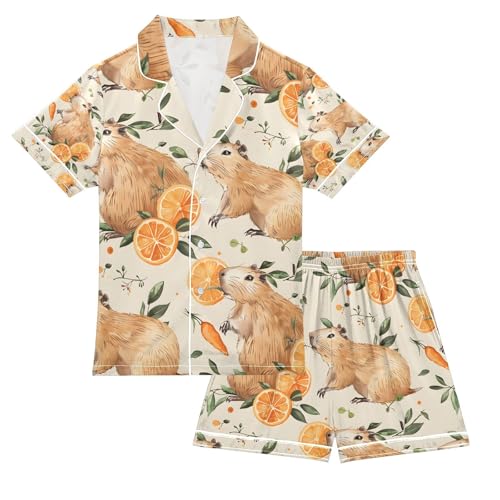 senya Cute Capybaras Eat Oranges Satin Summer Pajama Sets Silk Short Sleeve Button Down Sleepwear