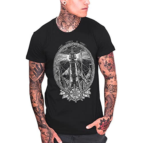 VIENTO Night Lighthouse Camiseta para Hombre (Negro, M)