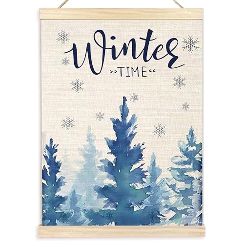 Ecezatik Winter Wall Decor, Blue Winter Woodland Wall Art With Wooden Poster Hanger, Farmhouse Winters Pictures Wall Decorations for Home Office, 12x16 Inches