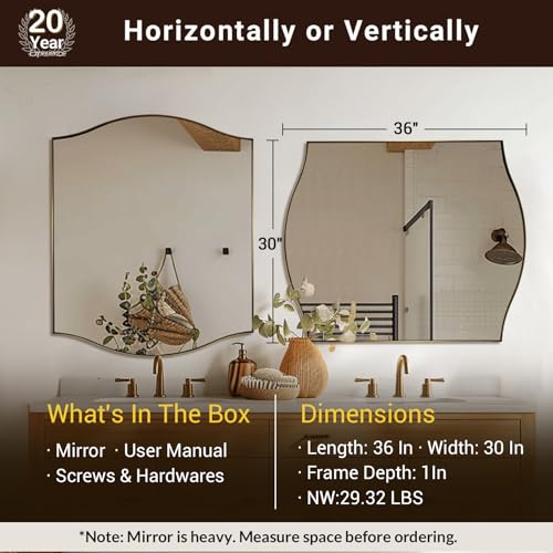 Image of ANDY STAR Rectangle Scalloped Mirror, 30 inchx36 inch Brushed Gold Bathroom Mirror in SUS304 Stainless Steel Metal Frame, Brass Vanity Mirror with Unique Arched Top Design