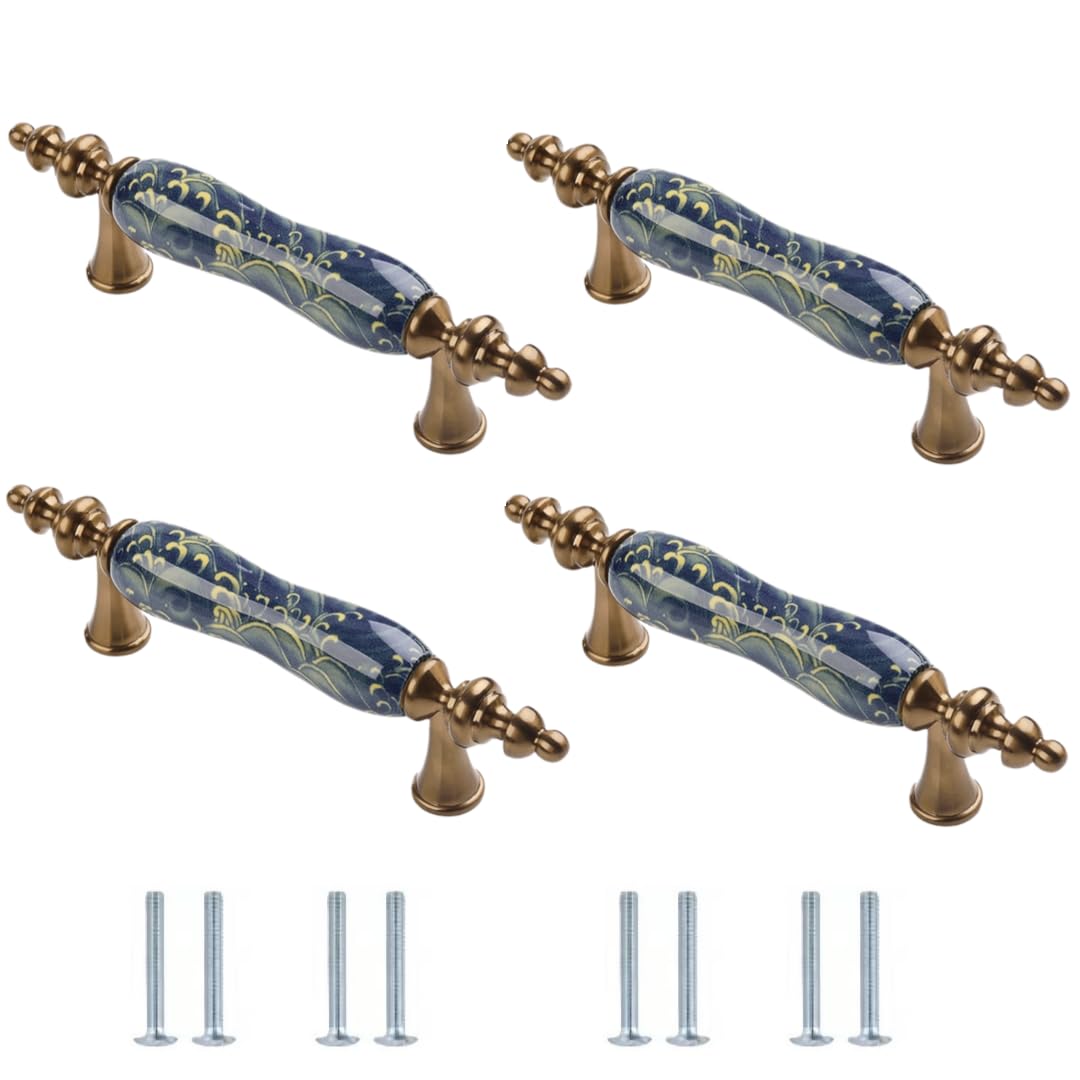 Lqzaxsrdr 126*17*31Mm Ceramic Cupboard Drawer Handle Knobs, Ceramic Zinc Alloy Door Knobs Cabinet Drawer Handles 4 Pcs(126 * 17 * 31Mm)