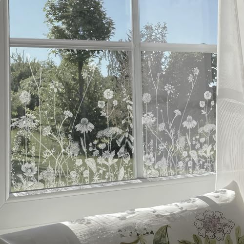 ChicSkin Botanical Etched Glass Transparent Window Film Decorative Glass Window Decor, Thickened Floral White Frost Decorative Window Film, Daisy and Wildflower 22.83