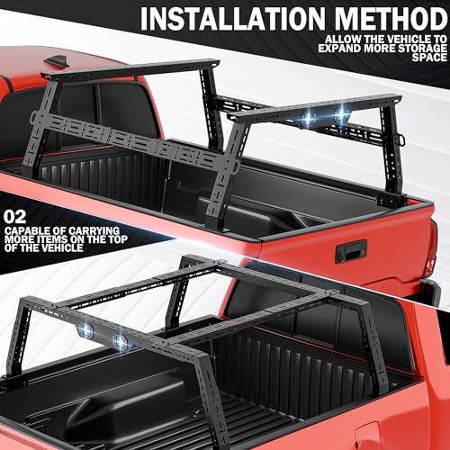 Image of YZONA Adjustable 16-24.8 inch High Truck Cargo Rack Bed Racks Cargo Carrier with 2 LED Lights Compatible with Silverado /Sierra /Ram /Tacoma /Tundra /Titan /Frontier /Canyon /Gladiator JT /Ford F-Series