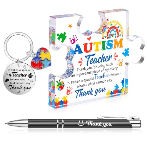 HOWAF Autism Teacher Gifts Set, Thank You Teacher Gifts Acrylic Plaque, Thank You Keyring, thank you Ballpoint Pens for Unique SEN teacher Leaving gifts, Autism Awareness, Special Education, Therapist