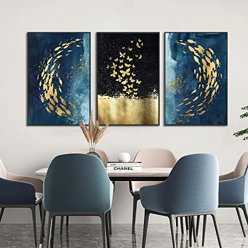 Art mural moderne nordique de prestige triptyque abstrait papillon et poisson - 3