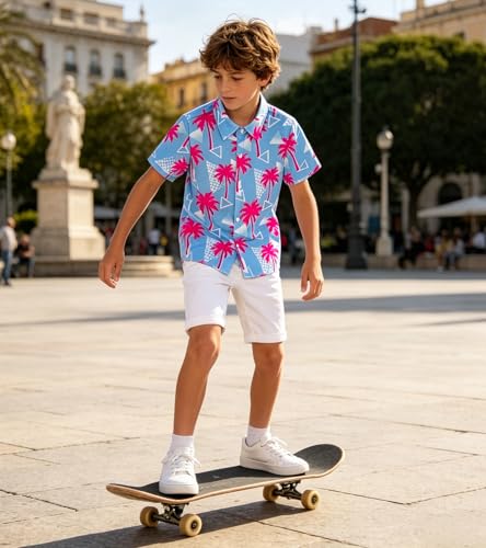 Image of uideazone Boys Hawaiian Shirts Novelty Printed Funky Short Sleeve Button Down Shirt Kids Aloha Luau Shirt 7-14T