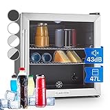 Klarstein Getränkekühlschrank, Kühlschrank Klein mit 2 Ablagen, Minikühlschrank Lautlos für Büro Camping Outdoor, Mini-Kühlschrank mit Glastür, Mini Fridge 3-10°C, Bierkühlschrank 47L, Silber/Schwarz