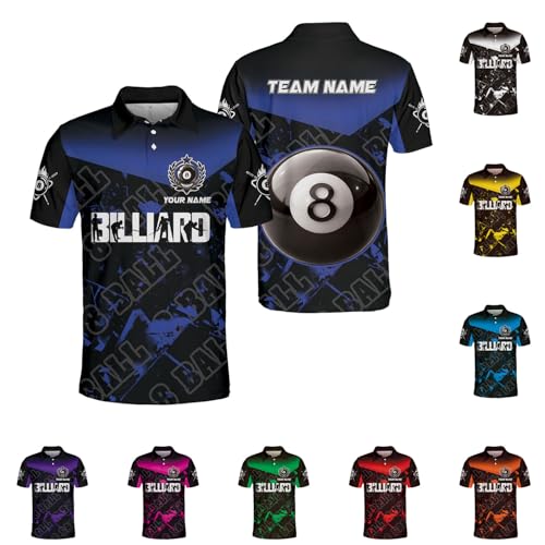 Customized Name Billiards Polo Shirts for Billiard Team, 8 Ball Pool 3D Shirt Gifts for Pool Players Men & Women