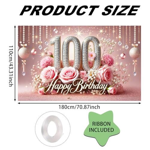 Image of Nuxovilar Elegant Pink & Gold Floral Birthday Banner - 71x43 Inch Glitter Decor for 16th /21th /50th /60th /65th /70th80th /90th Birthday, Reusable Indoor Outdoor Hanging Party Supplies for Women Men (HC00297-100th, 71x43 Inch)