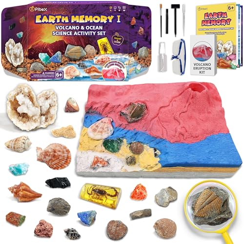 PIBEX Volcano & Ocean Fossil Dig Kit, Dig up 20+ Real Fossils, Rocks, Shells & Sea Snails with Eruption Experiments, Earth Science Geology Kit for Kids, STEM Toy Gift for Boys & Girls Age 6-8-12