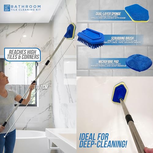 Bathroom Tile Cleaner Shower Cleaning Brush, Multi-section Long Handled Scrubbing Brush with Replaceable Stiff Bristle Tub and Tile Scrubber, Shower Cleaner Sponge Scourer, and Microfibre Pad - Image 8
