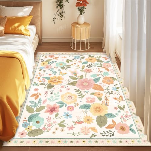 Floral 4x6 Area Rug Machine Washable Soft Print Boho Carpet Non Slip Doormat Low Pile Flower Area Rugs for Living Room Bedroom Nursery Kitchen Dining Room Indoor-Beige/White/Orange