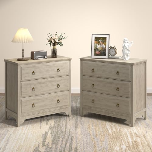Image of Chogori Farmhouse Solid Wood Nightstand Set of 2, Rustic End Table with 3 Drawers & Vintage Ring Pulls, Sturdy Accent Side Table for Bedroom, Living Room, Hallway (Gray-3 Drawers)