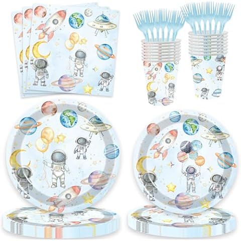 XXDecor 100 Pcs Outer Space Birthday Party Supplies - Plates Napkins Forks Paper Cups for Space Galaxy Astronaut Theme Boys 1st 2nd 3rd 4th 5th 6th 7th Birthday Decorations (20 guests) Cover
