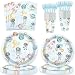 100 Pcs Outer Space Birthday Party Supplies - Plates Napkins Forks Paper Cups for Space Galaxy Astronaut Theme Boys 1st 2nd 3rd 4th 5th 6th 7th Birthday Decorations (20 guests)