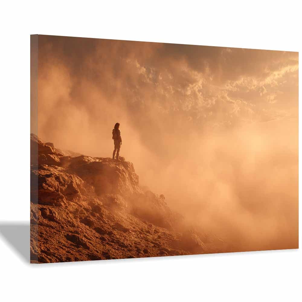 HUYEEI Canvas Print Wall Art Cliff Viewsing Mist Modern Nature Landscape Poster, for living room, bedroom,Corridor Office Room Decoretc.(orange)-70x100cm Framed