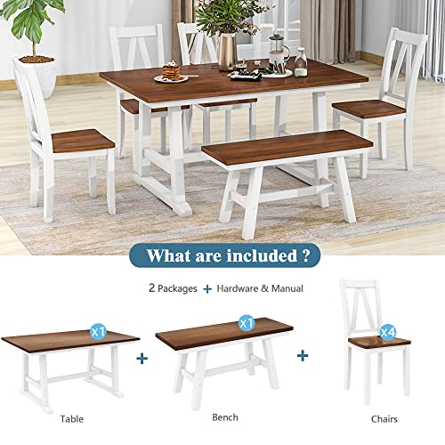 Lz Leisure Zone Dining Table Set, 6-Piece Wood Dining Room Set, Farmhouse Style Kitchen Table Set With Long Bench And 4 Dining Chairs, Walnut+White #TOP5